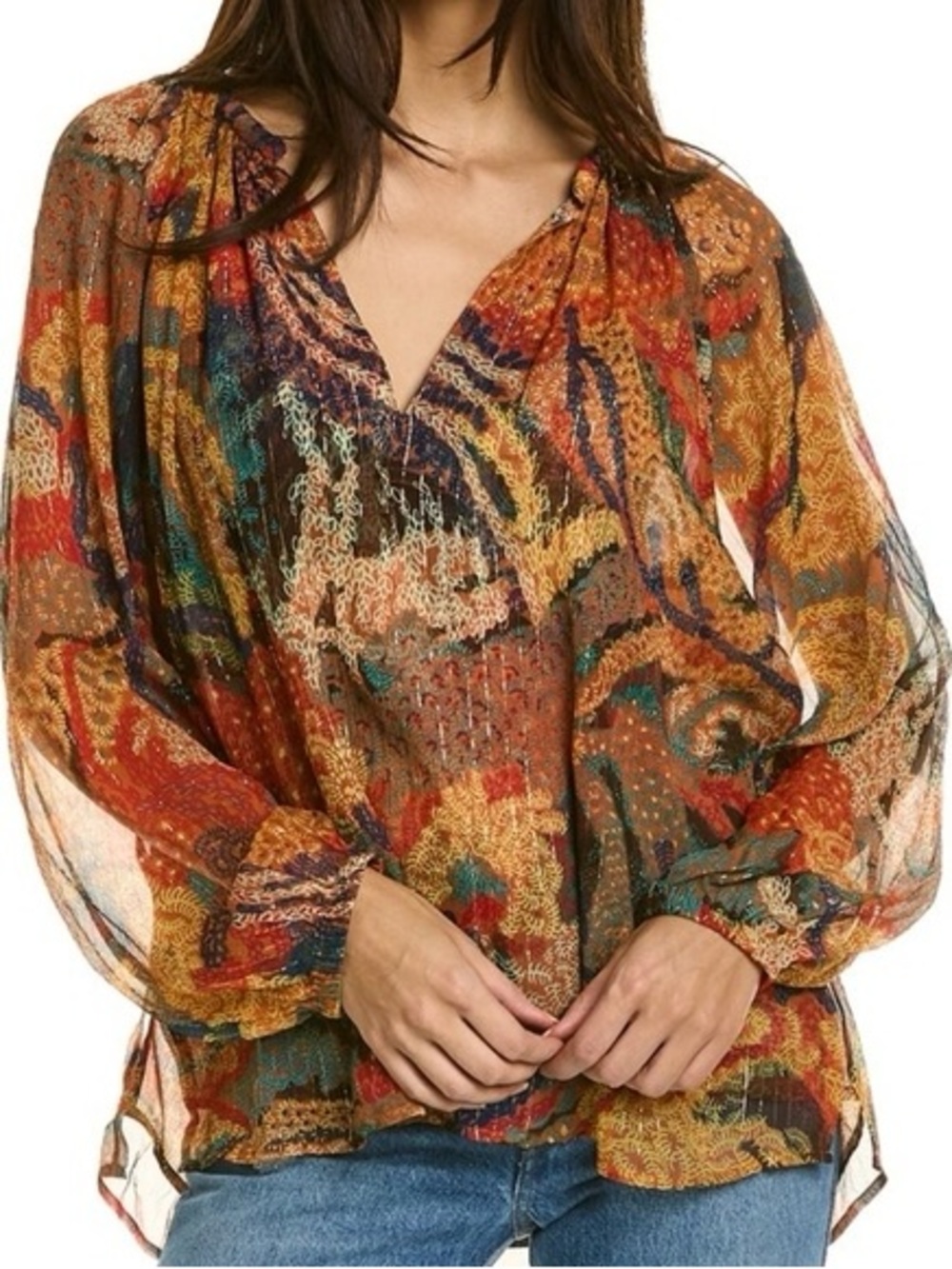 A.L.C. Multicolor Paisley Sheer V-Neck Blouse